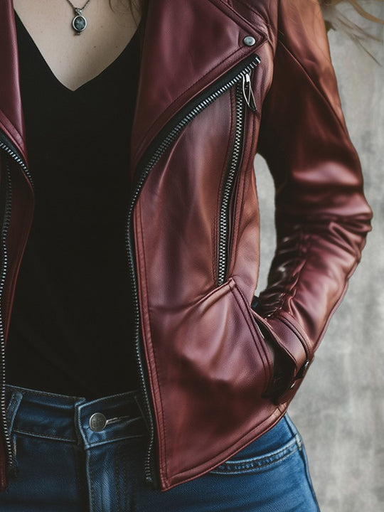 Fashion Retro Lapel Zipper Windproof Leather Jacket