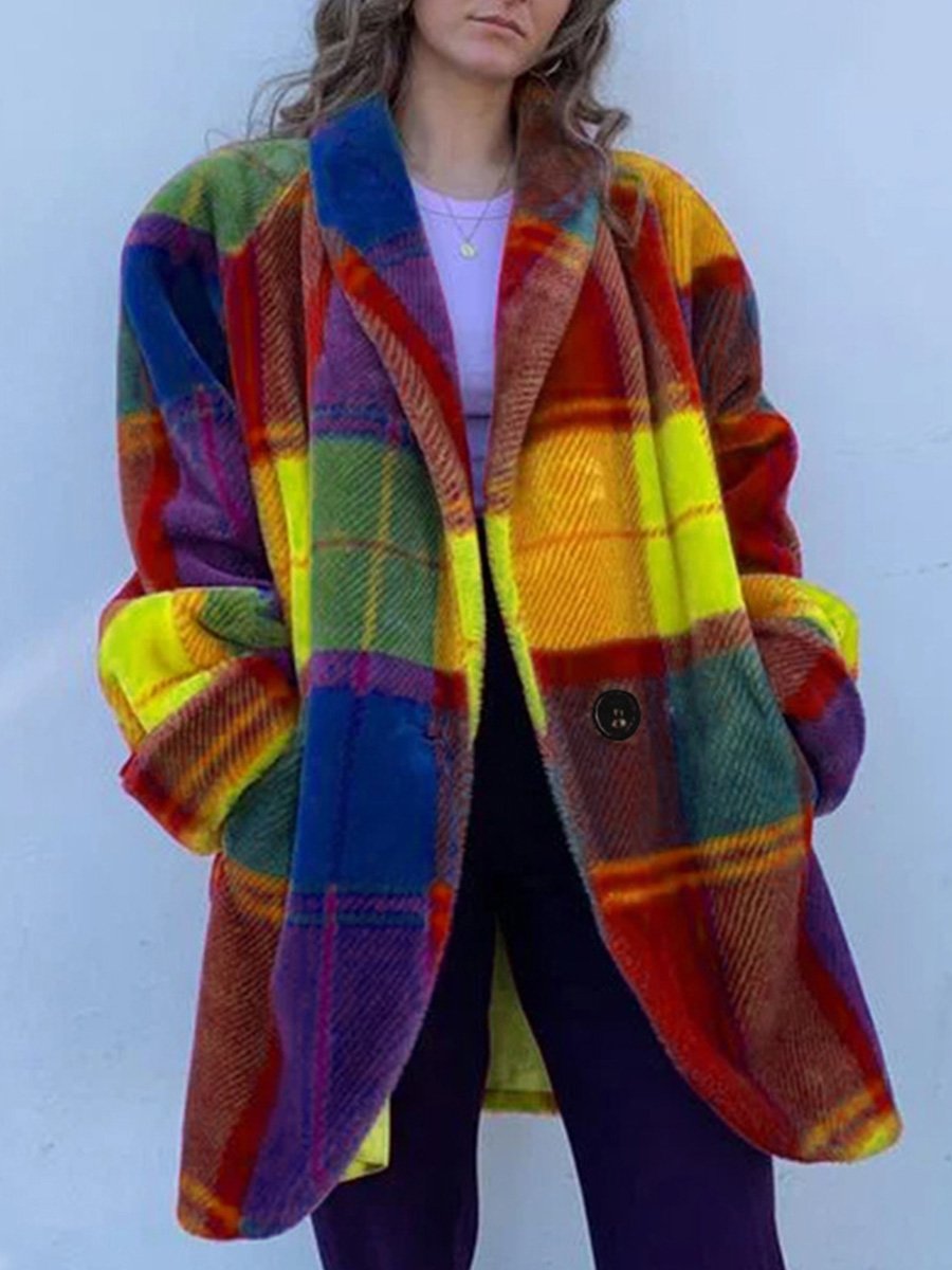 Fashion Lapel Color-blocked Printed Woolen Long Coat