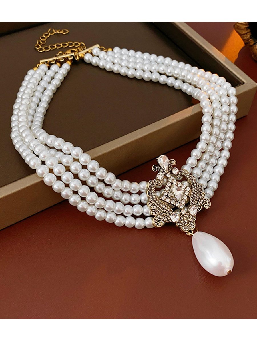 Round Diamond Drop Multi-layer Pearl Necklace and Earrings Set