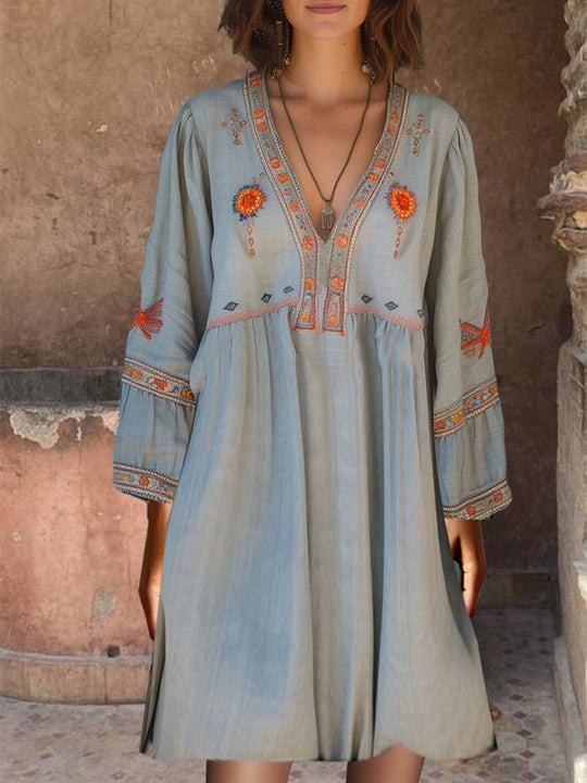 Bohemian Embroidered Tunic Dress with Flowy Sleeves