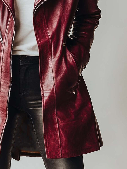 Women's Vintage Burgundy Zipper Leather Coat