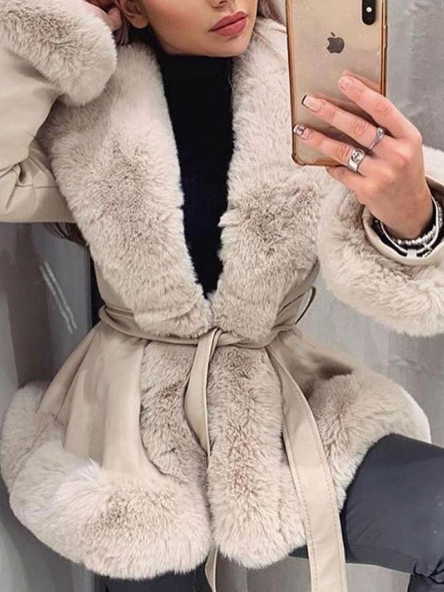 Fashionable Fur Collar Stitching Slim Fit Tie Waist Long Sleeve Leather Jacket