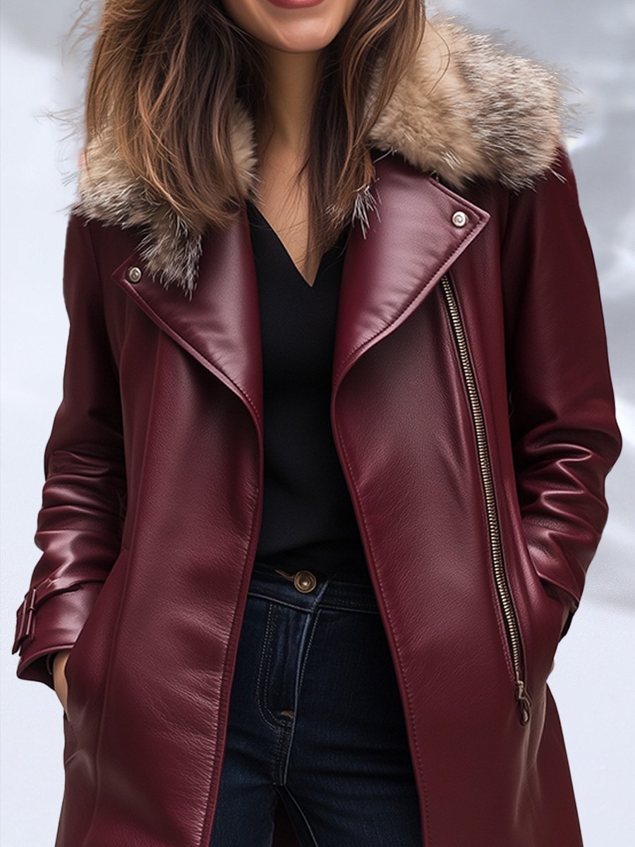 Red Casual Retro Fur Collar Mid-length Leather Jacket