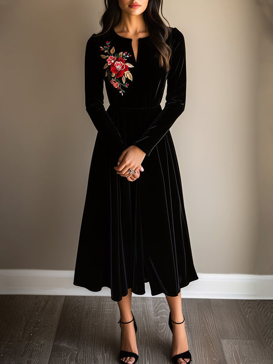 Elegant V-neck Simple Embroidery Velvet Midi Dress