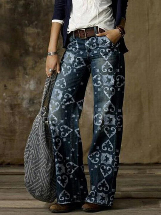 Retro Fashion Print Casual Straight-Leg Wide-Leg Jeans