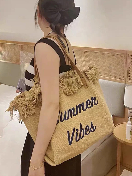 Embroidered Tassel Large Canvas Tote Bag