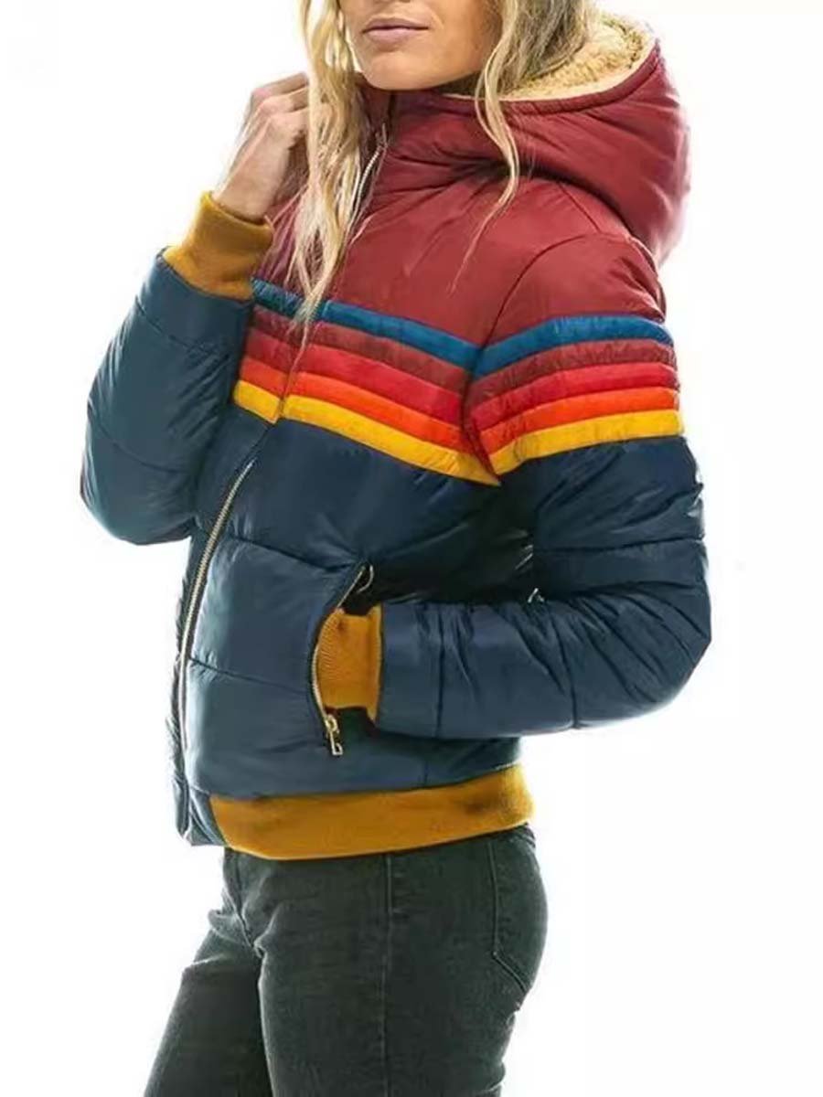 Women's Casual Hooded Rainbow Colorblock Jacket