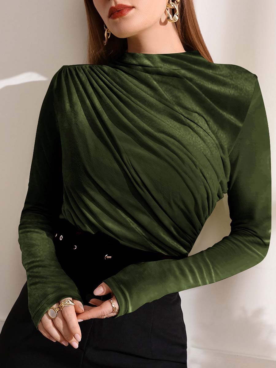 Women's Velvet Pleated Long-sleeved T-Shirt