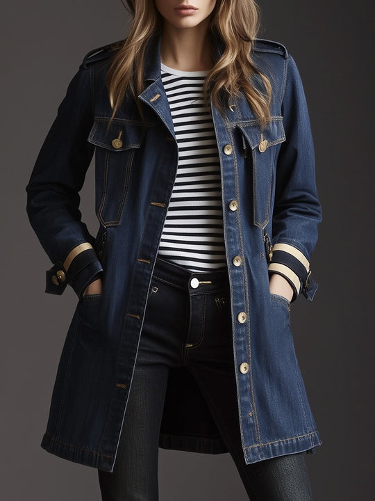 Blue Classic Denim Multi-Pocket Midi Jacket