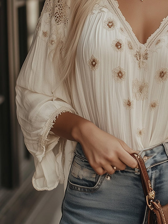 Romantic Embroidered Lace V-Neck Blouse