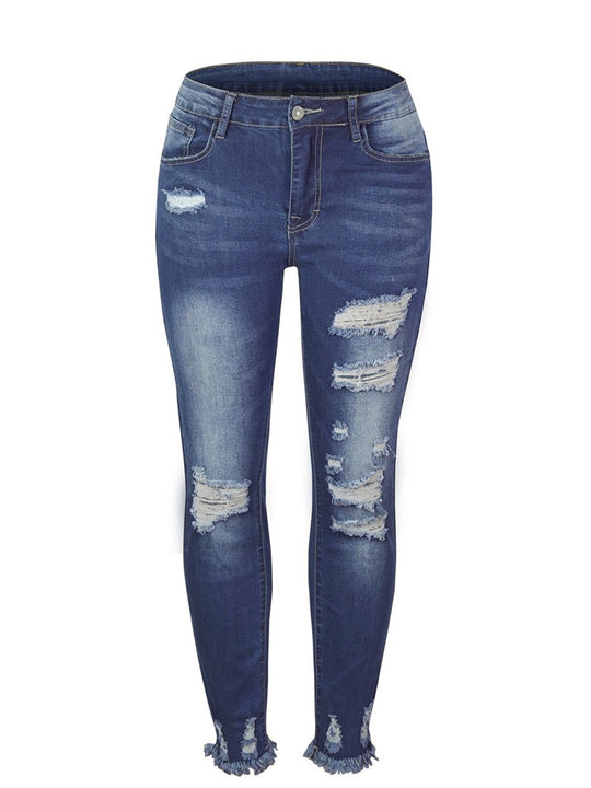 Washed Distressed Fringe Slim-fit High-stretch Jeans