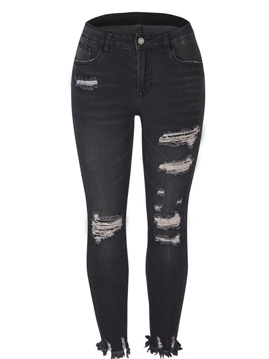 Washed Distressed Fringe Slim-fit High-stretch Jeans