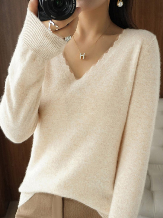 Elegant Lace V-Neck Pullover Warm Solid Color Sweater