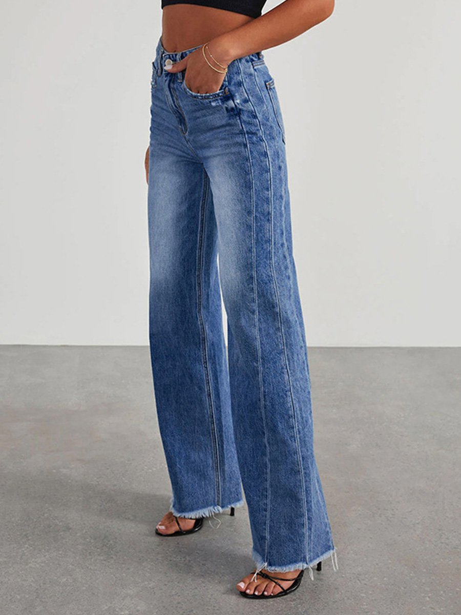 Casual Blue Stretch Denim Wide-leg Pants