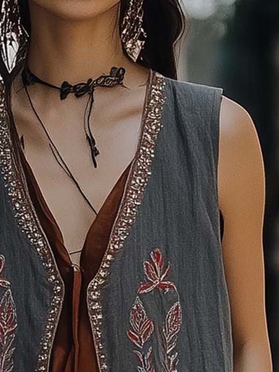 Bohemian Embroidered Open-Front Vest