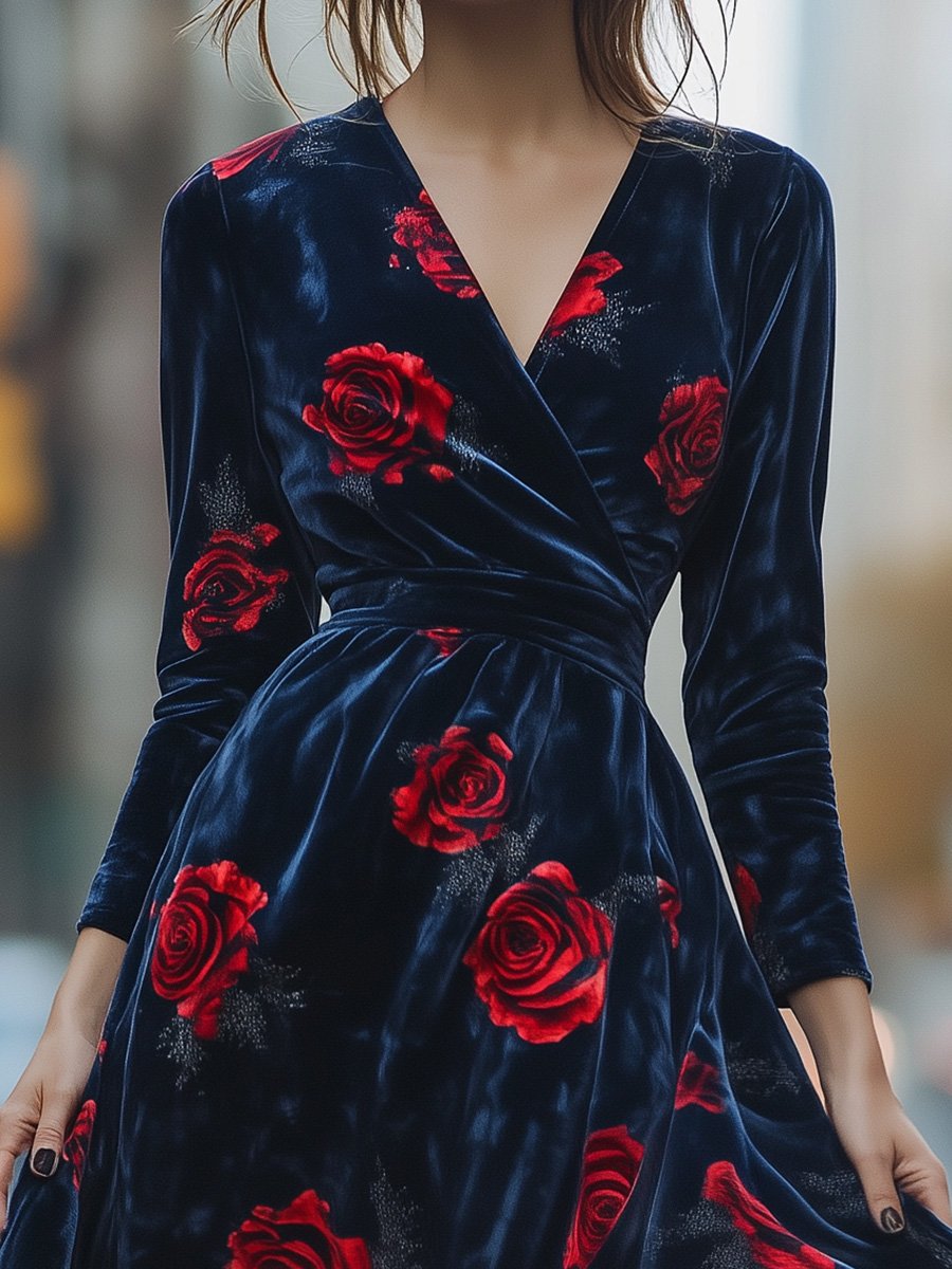 V-neck Vintage Blue Velvet Rose Print Midi Dress with Wide Skirt