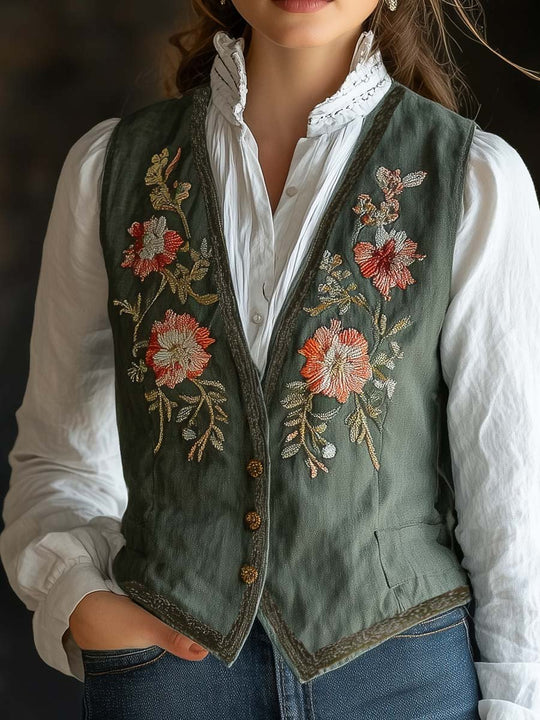 Olive Green Floral Embroidered Button-Up Linen Vest