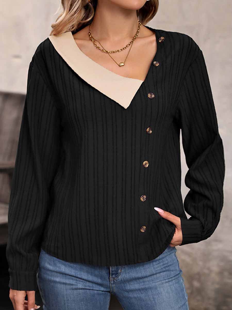 Contrast Button V-Neck Textured Long Sleeve Top