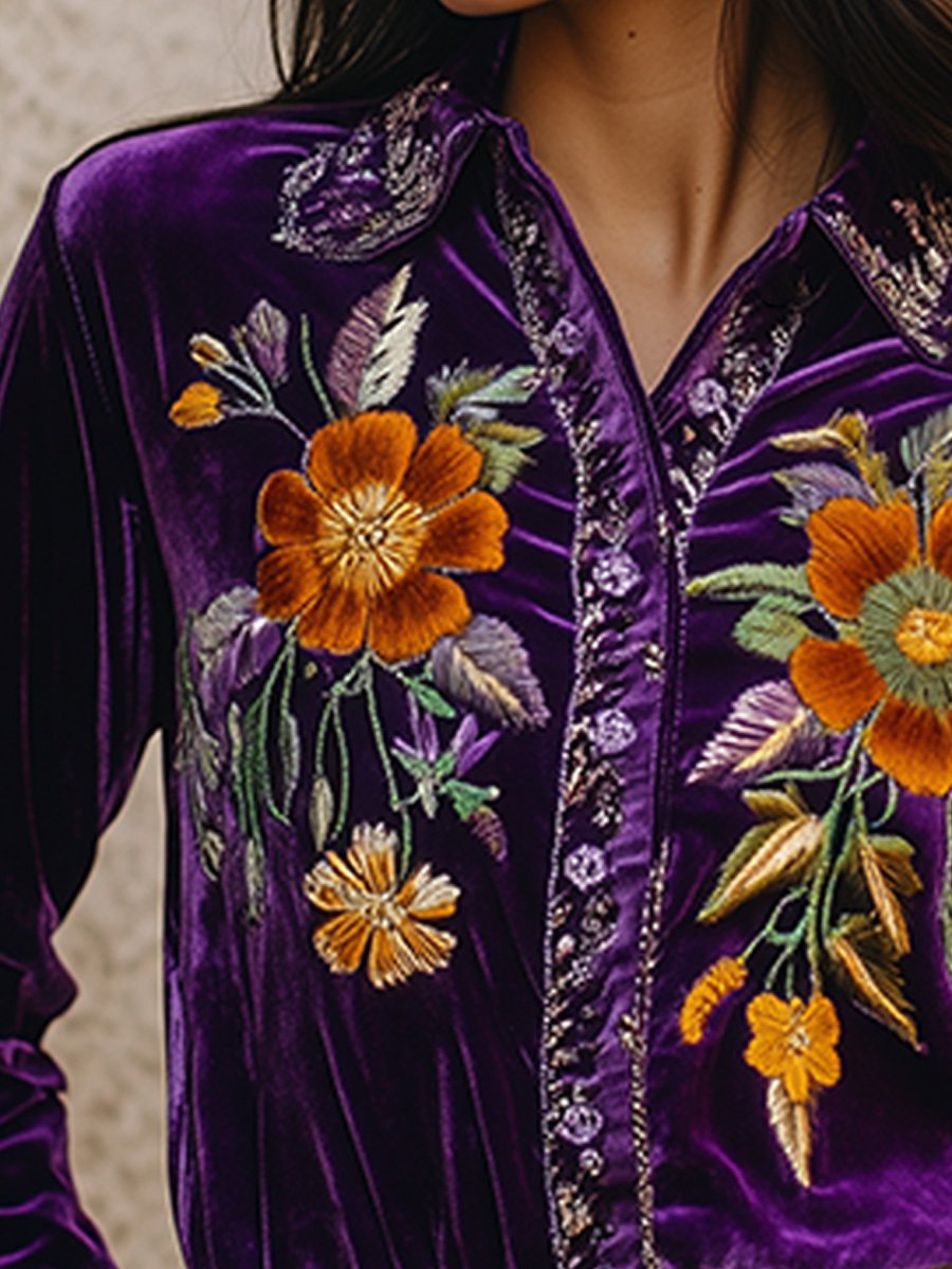 Fashion Vintage Velvet Floral Embroidery Shirt