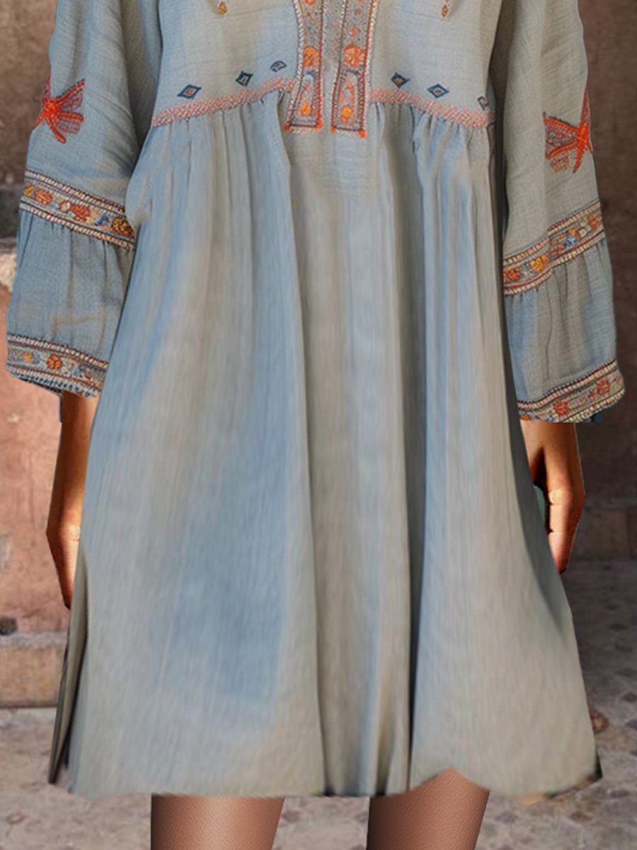 Bohemian Embroidered Tunic Dress with Flowy Sleeves