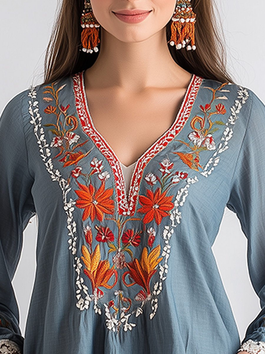 Bohemian Embroidered Peplum Blouse with Lace Trim