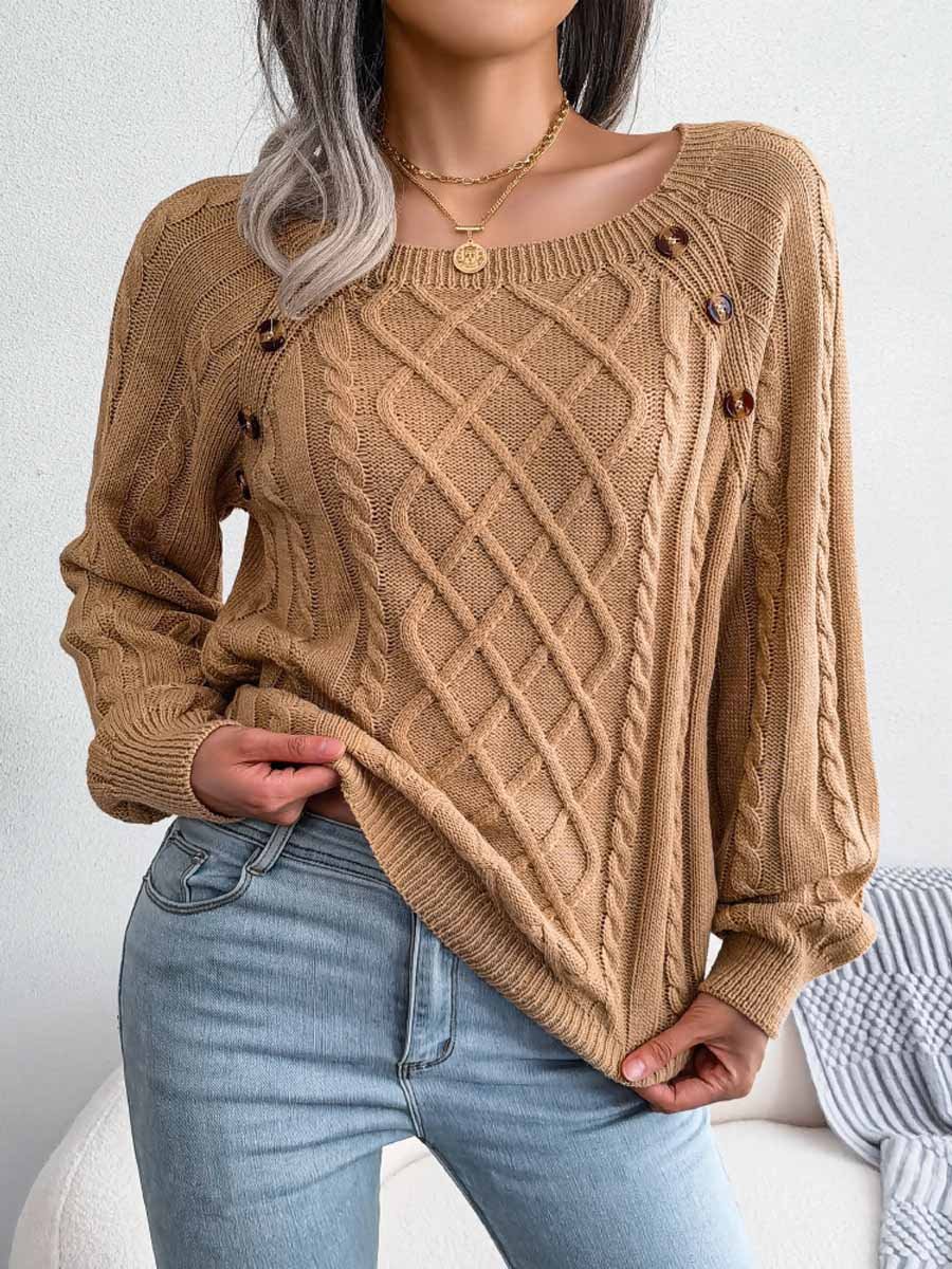 Square Neck Button Cable Knit Pullover