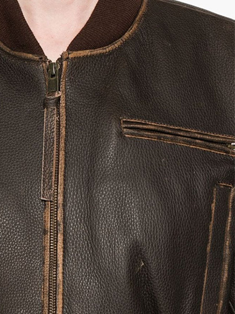 Fashionable Brown Zip-Detail Round Neck Leather Jacket