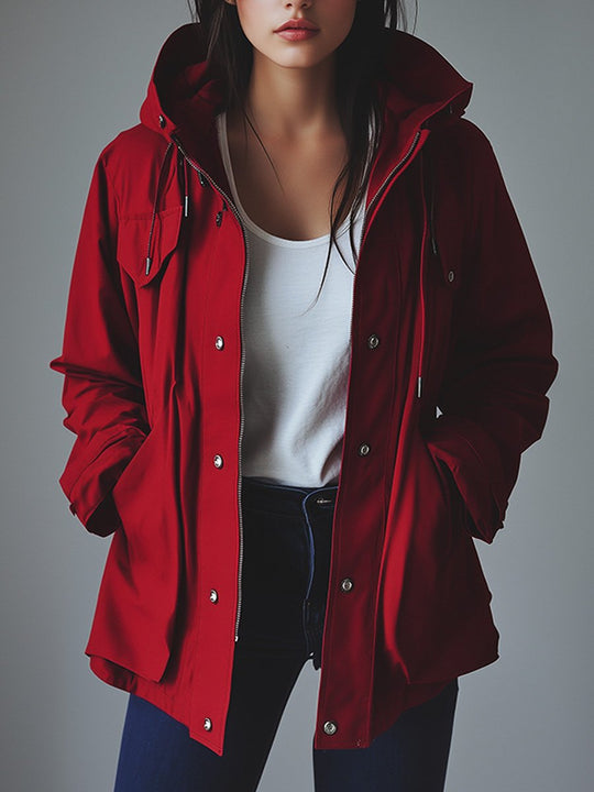 Red Casual Hooded Worker Jacket