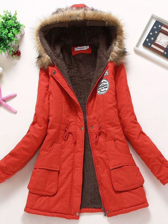 Casual Fur Collar Lambskin Plus Velvet Thickened Loose Mid-length Cotton Coat