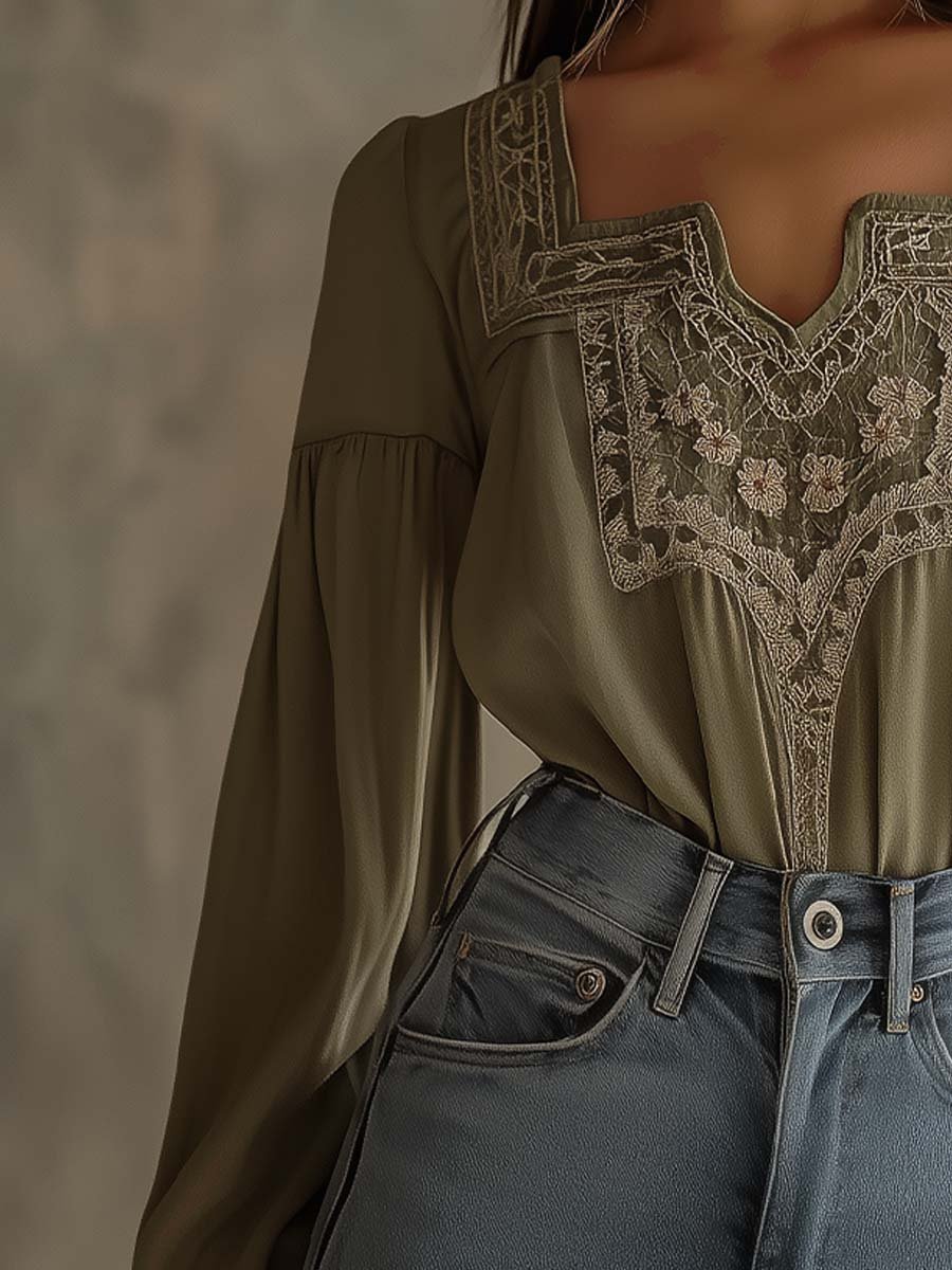 Elegant Olive Embroidered Blouse