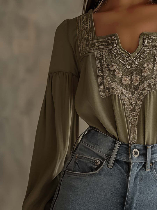 Elegant Olive Embroidered Blouse