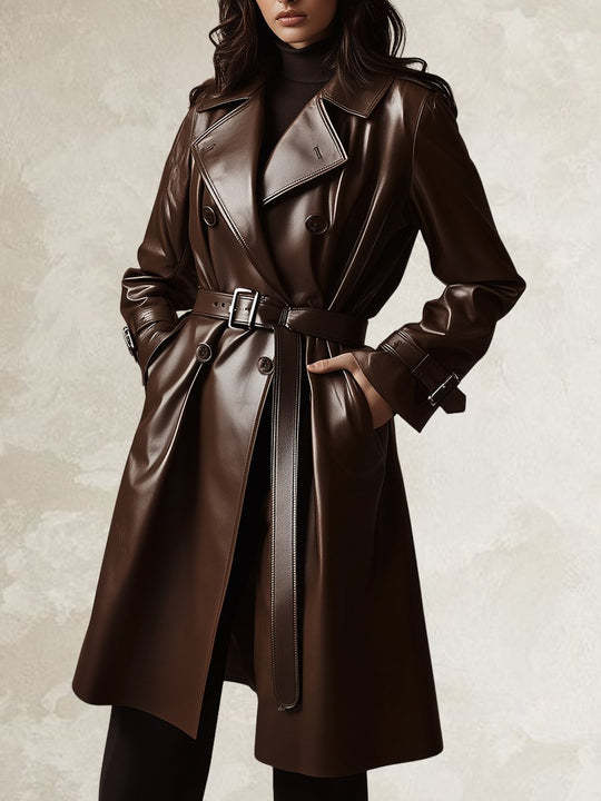 Classic Double-breasted Suit Collar Leather Trench Coat