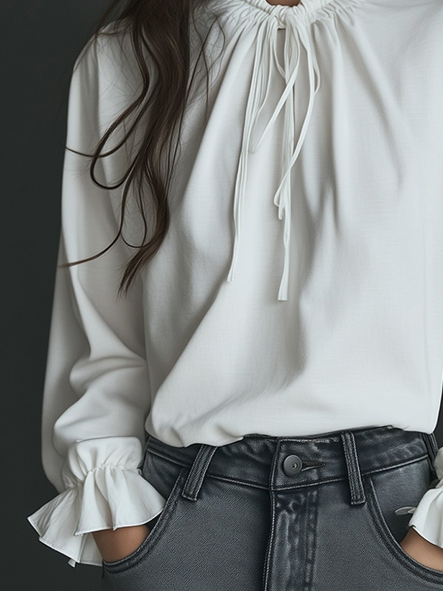 Elegant High-Neck Blouse with Ruffle Cuffs