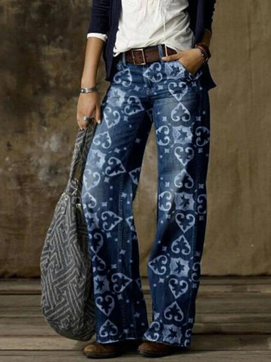 Retro Fashion Print Casual Straight-Leg Wide-Leg Jeans