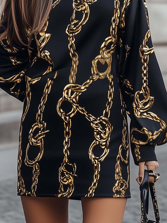 Trendy Black and Gold Chain - Print Oversized Mini Dress