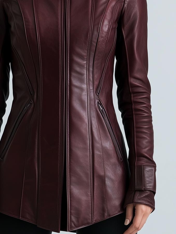 Stylish Waist-cinched Zipper Pockets Leaterh Coat