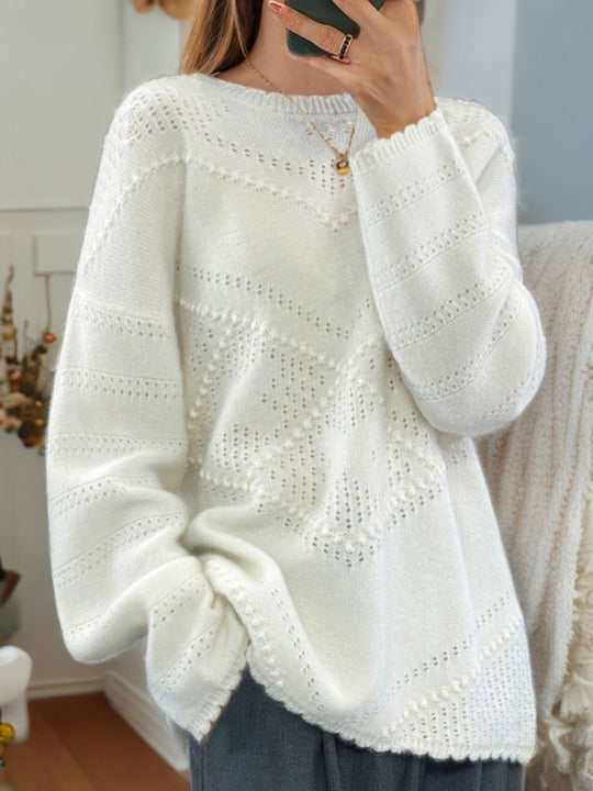 Solid Color Long Sleeve Hollow Jacquard Round Neck Knitted Sweater