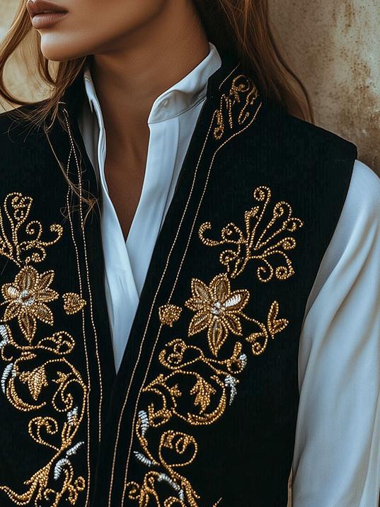 Retro Symmetrical Pattern Embroidery Suede Waistcoat