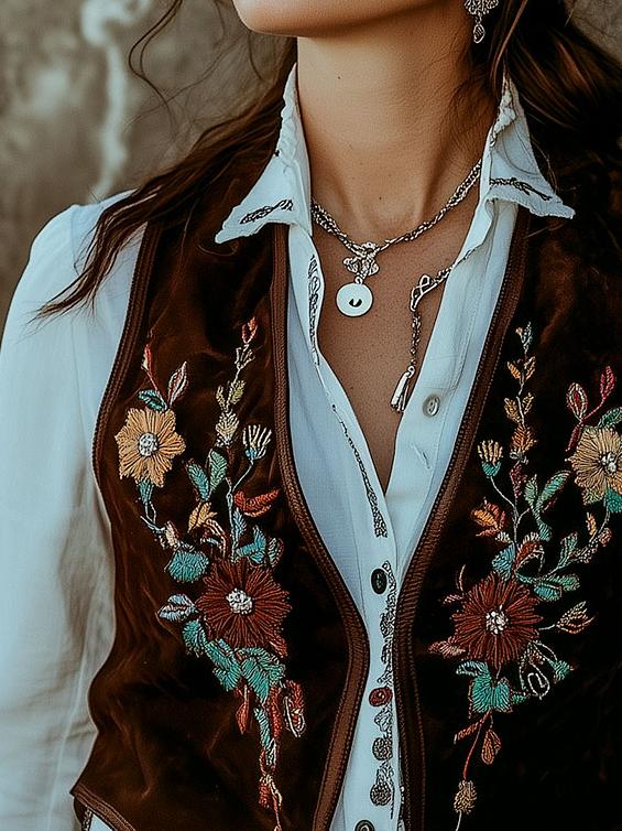 Western Style Flower Embroidery Suede Waistcoat