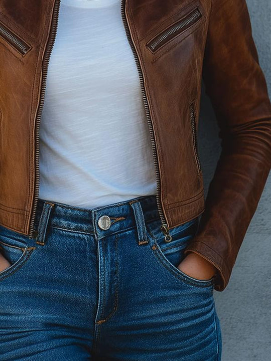 Chic Multiple-pocket Crew Neck Biker Leather Jacket