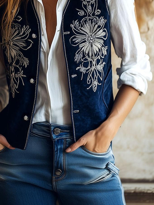 Retro Silver Embroidery Side Pockets Suede Waistcoat