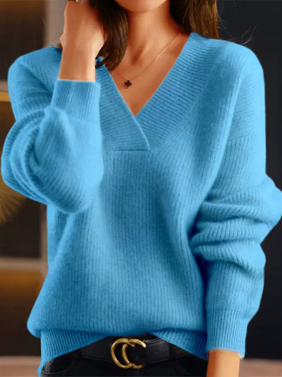 V-Neck Solid Color Knitted Sweater