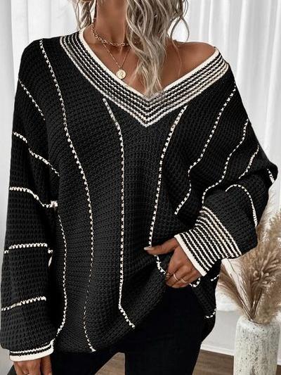 Stylish V-neck Mid-length Knit Striped Loose Sweater