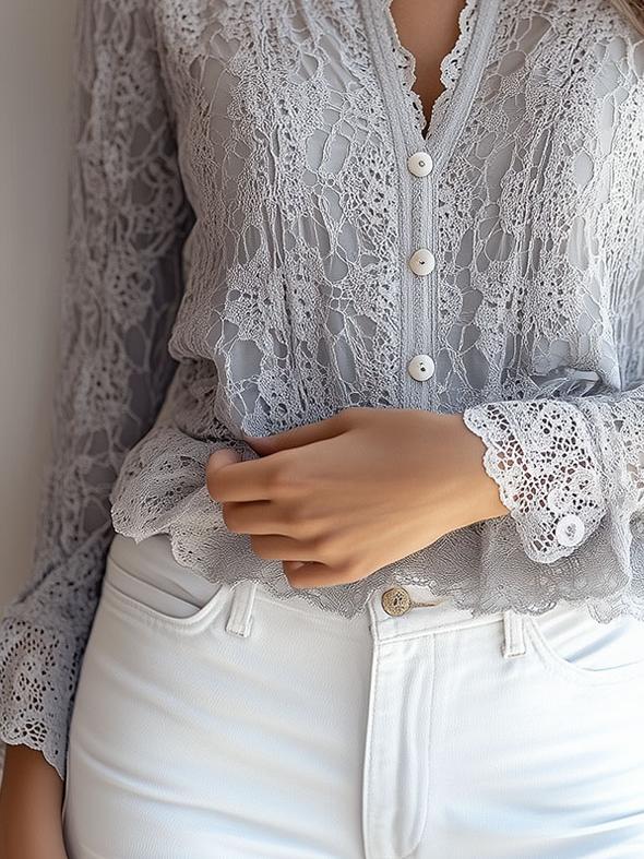 Stylish V-neck Button Down Long Sleeve Lace Shirt