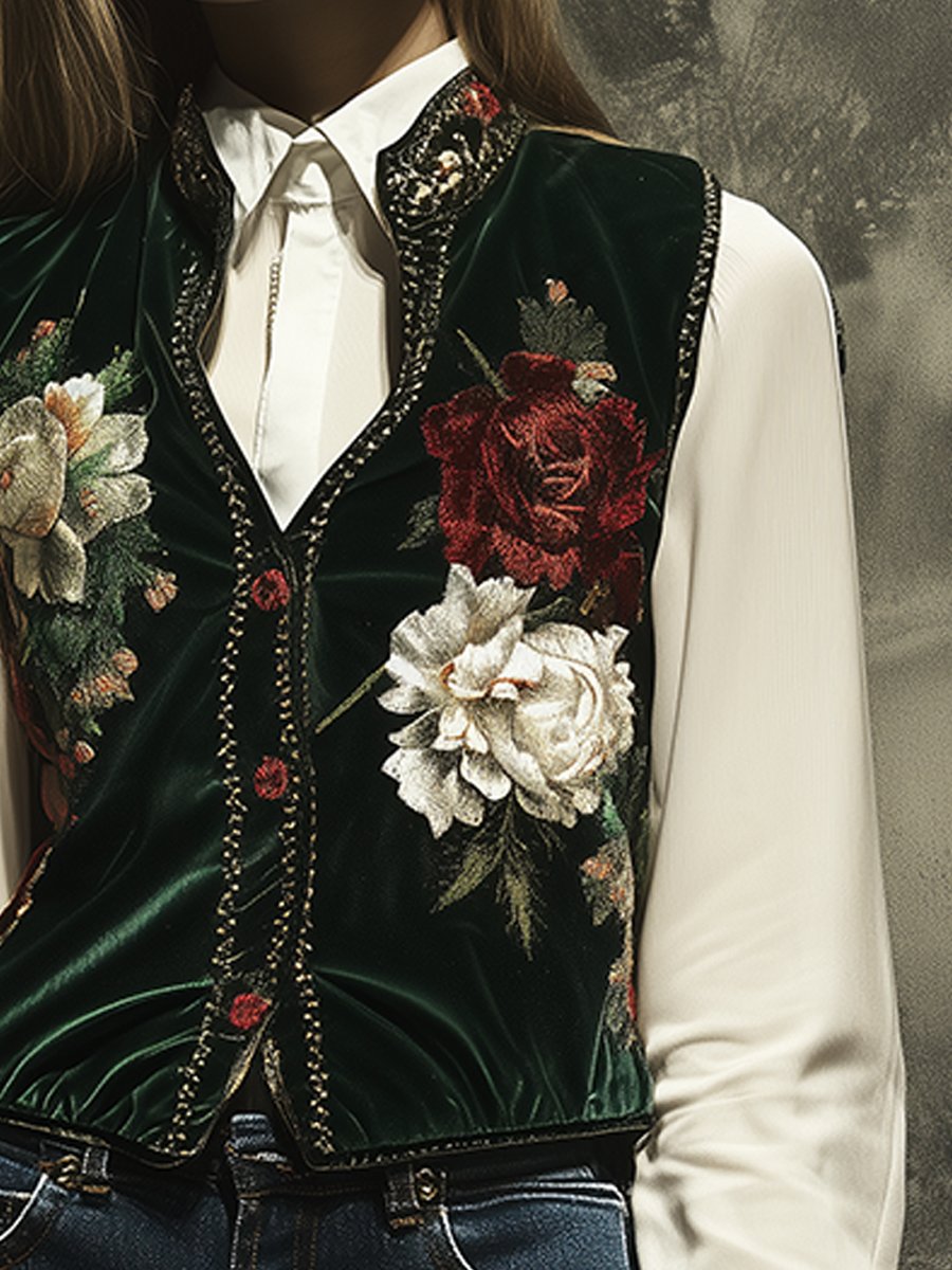 Elegant Green Velvet Floral Embroidered Vest