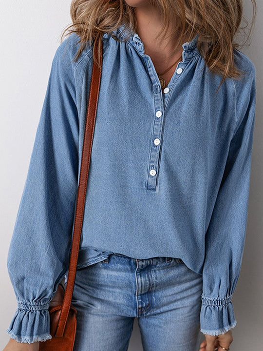 Women's Ruffle Denim Long Sleeve Shirt