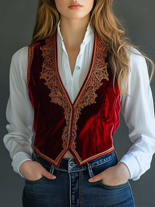 Vintage Burgundy Velvet Embroidered Vest