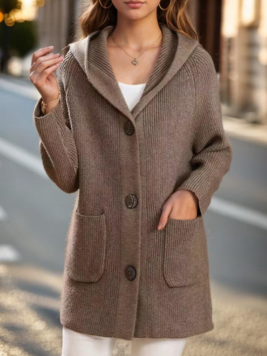 Solid Color Thick Knitted Mid-length Hooded Cardigan Coat