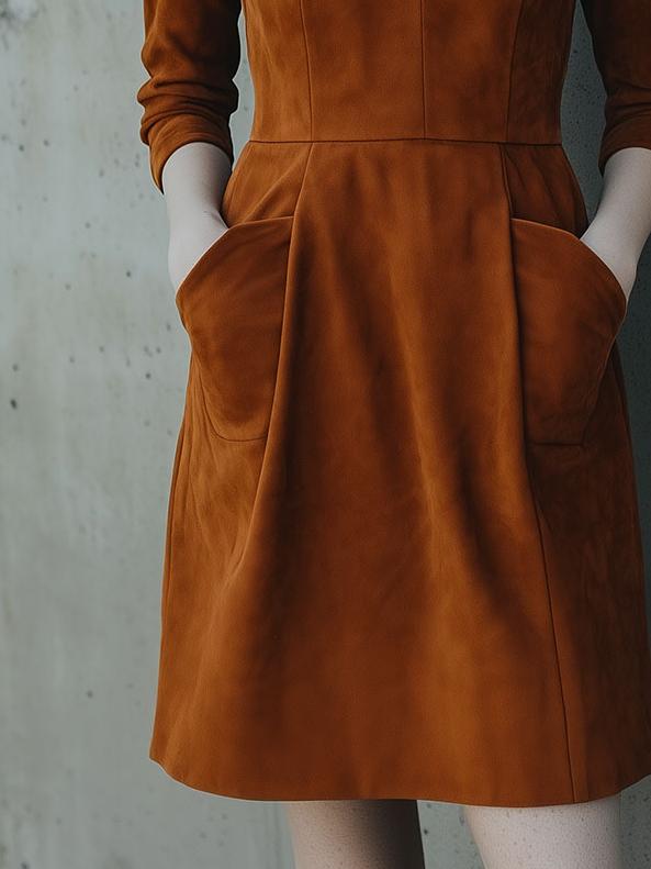 Elegant Three-quater Sleeves Pockets Suede A-line Dress