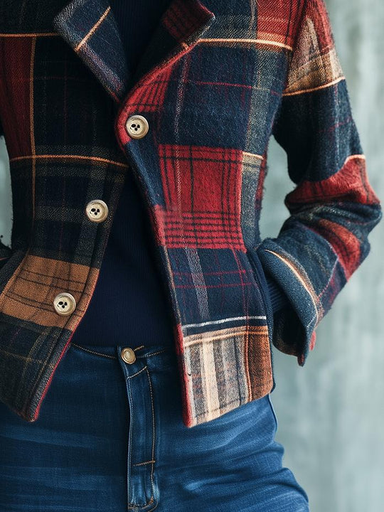 Chic Stand Collar Plaid Pattern Woolen Jacket